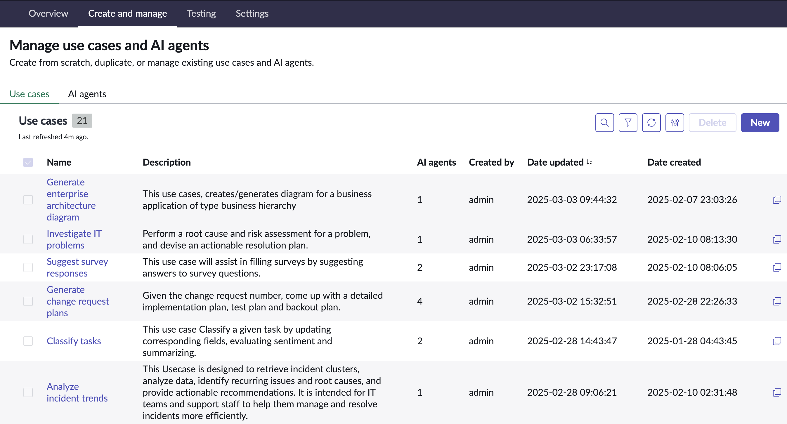 AI Agent Studio create and manage page.