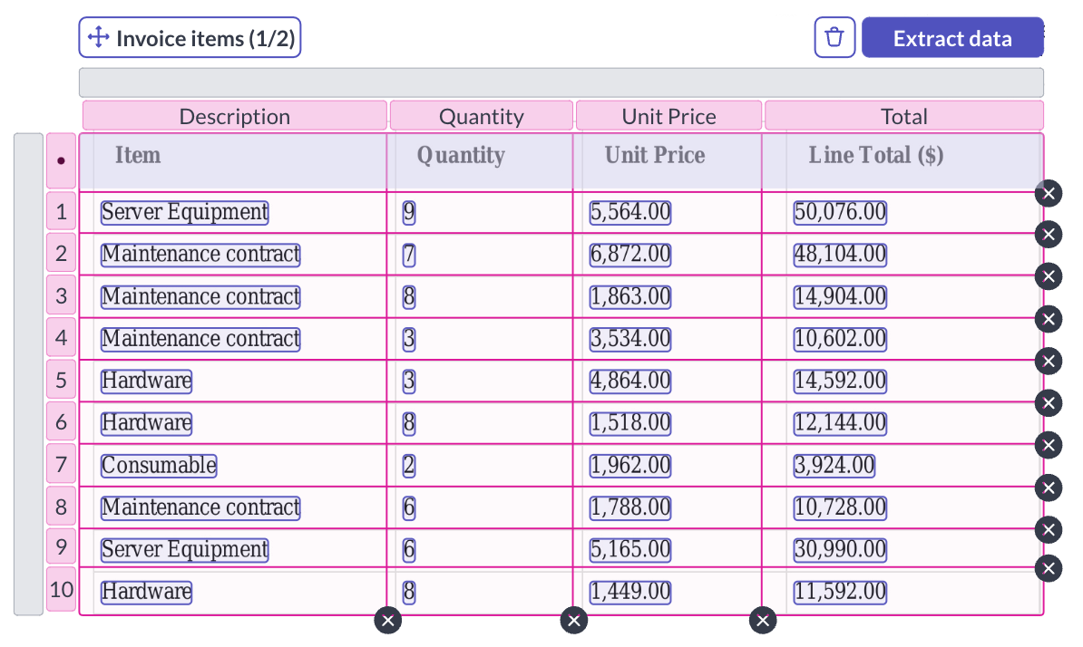 Draw tool grid displayed over a table on the document image.