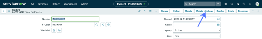 Update with Lens button on the ServiceNow instance.