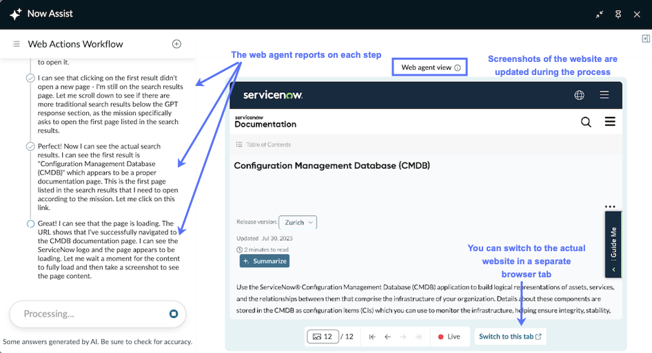 The expanded Walkthrough of AI agents on the web where the external website is displayed, along with the written updates from the Now Assist AI web agent.