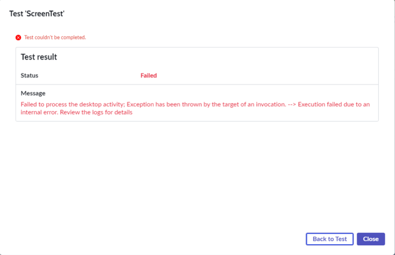 Test completed window displaying status as Failed.