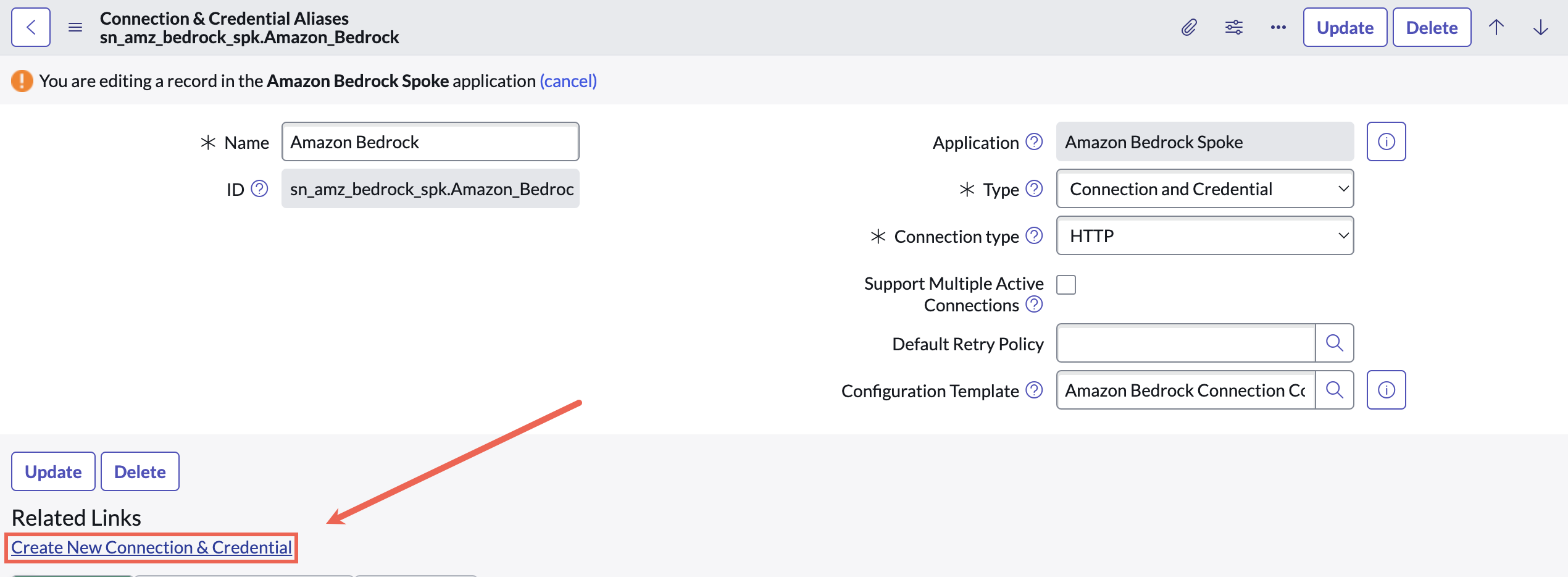 Create New Connection & Credential related link highlighted on the screen.