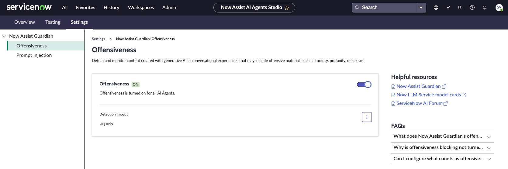 User turning on the Offensiveness setting for AI agents.