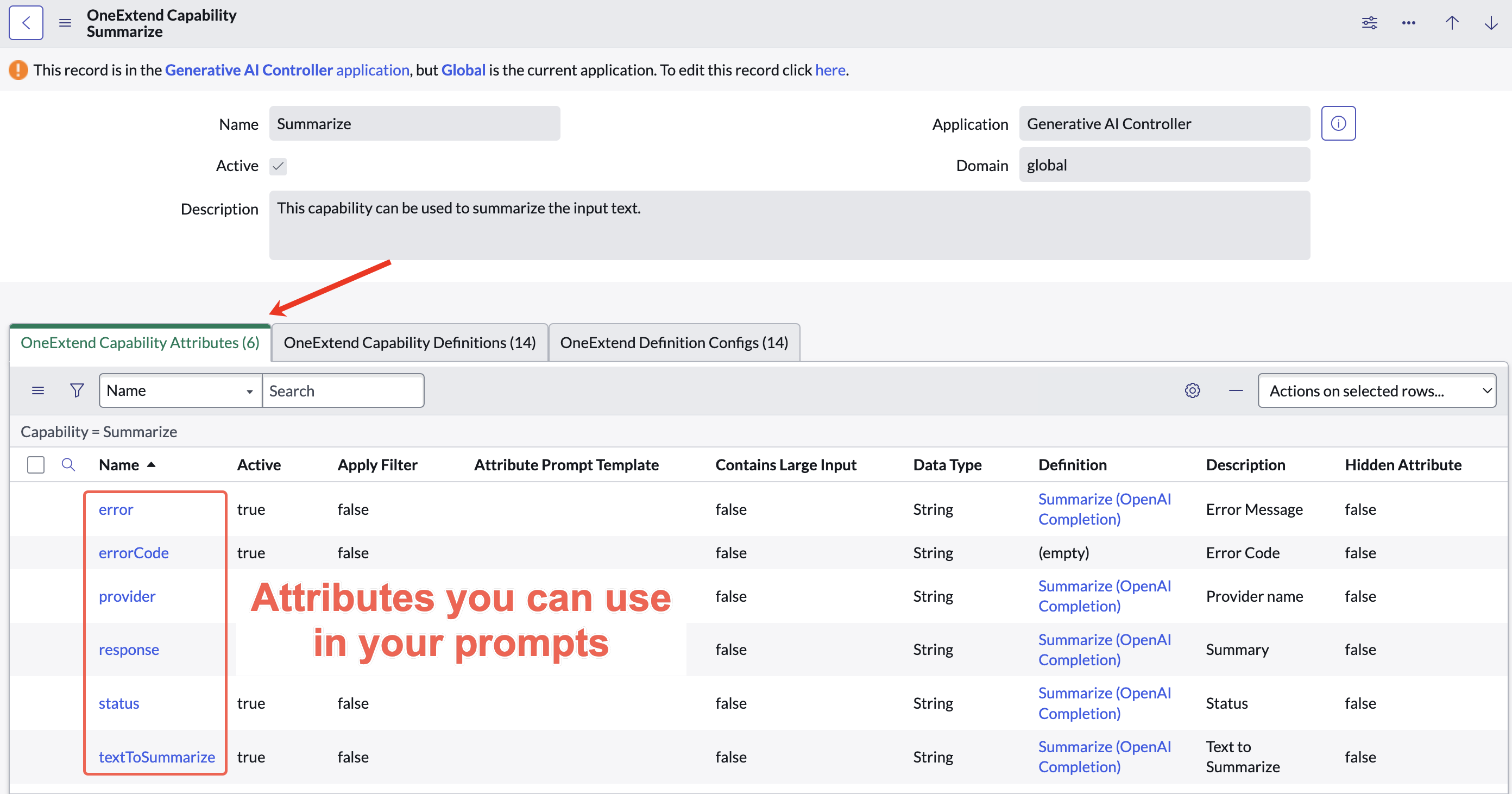 Summarize capability record open with OneExtend Capability Attributes related list highlighted and the attributes identified: error, errorCode, provider, response, status, and textToSummarize.