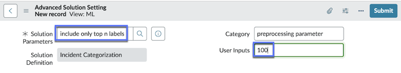 On the Advanced Solution Setting form, the Solution Parameters field and the User Inputs field are highlighted. The User Inputs field displays an example value of 100.