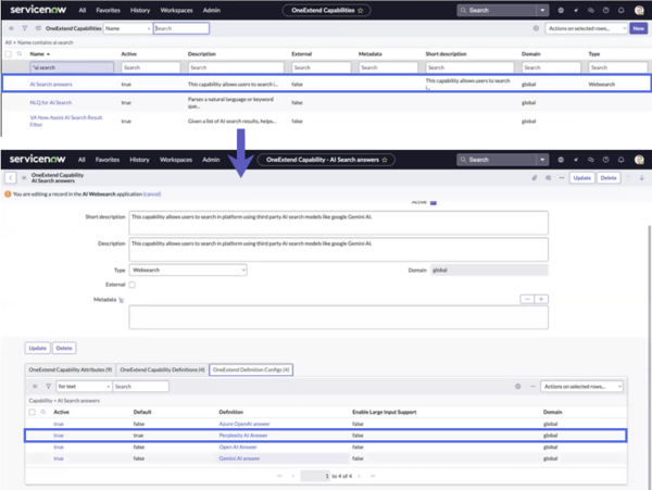 OneExtend Capabilities table showing AI search answers property, and the OneExtend Capabilities Configs tab within. Perplexity AI answers is set as the default search AI.
