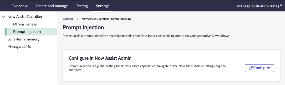 Prompt Injection page in AI Agent Studio.