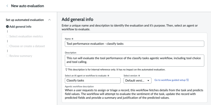 Generate Resolution Plan agentic evaluation guided setup step for adding general info with name, description, and generate resolution plan as the selected agentic workflow using version v1.
