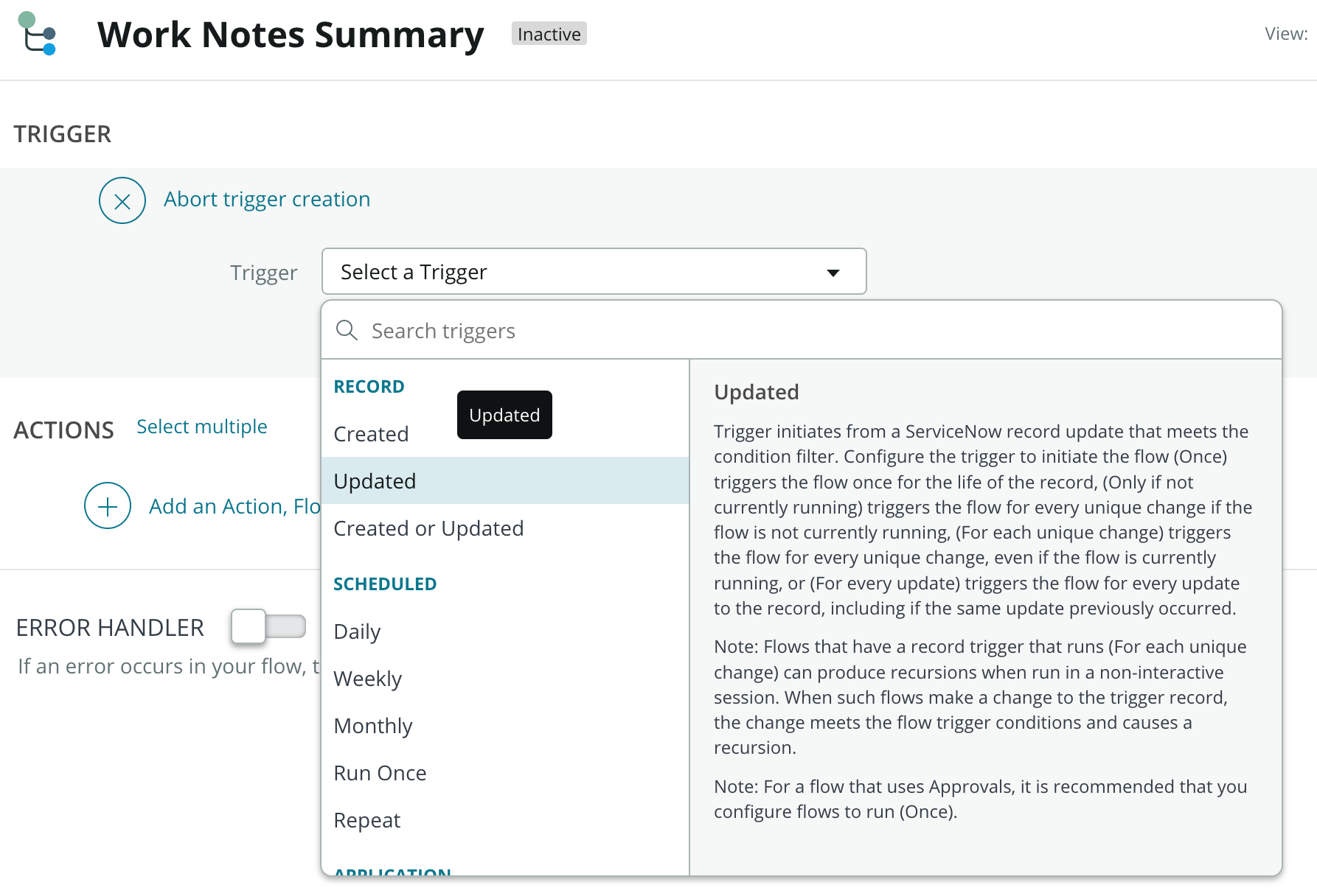 Trigger action panel open and Updated is highlighted.