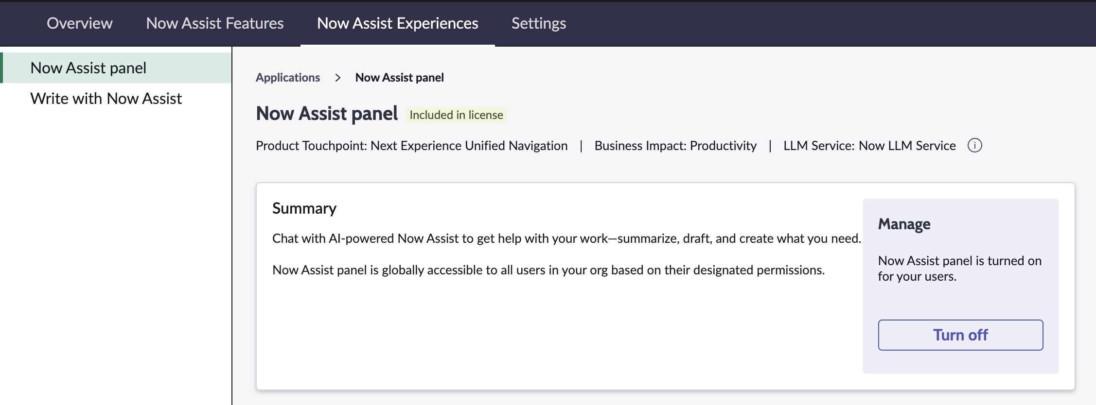 Now Assist panel settings on the Now Assist Experiences page