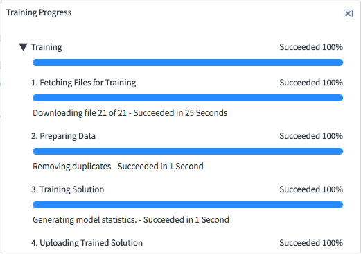 Solution training progress pop-up window showing that training succeeded.