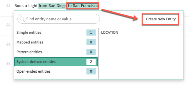 Entity window on the Utterances tab of the Intent details page. Make sure to select the correct part of the utterance.