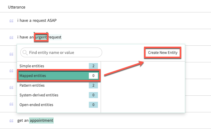 Create new entity button in the entity window in the utterances tab.