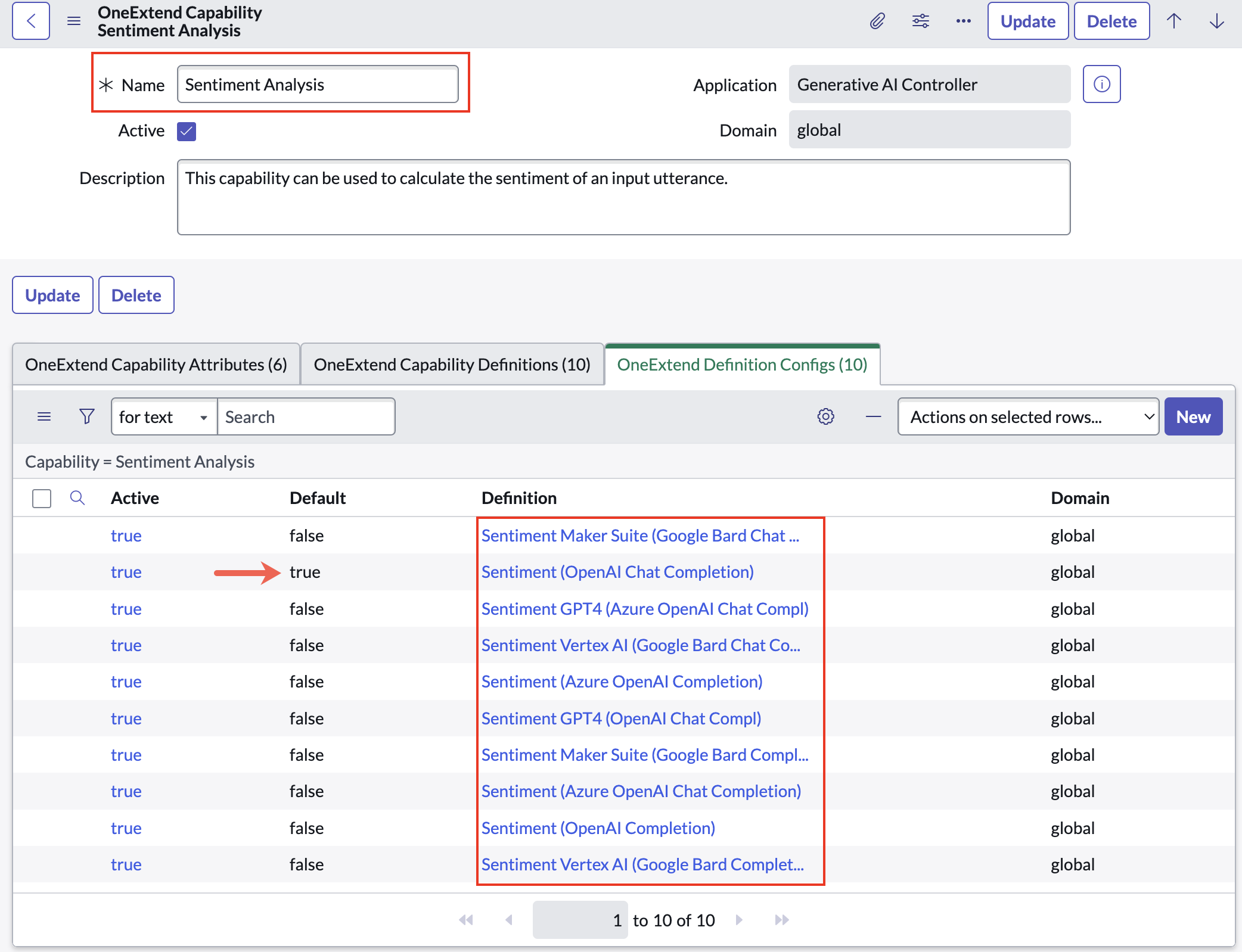 Default builder config open with builder capability related list. The capability records and default column are highlighted.