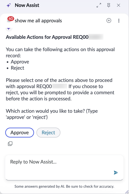 Now Assist Approve or Reject options for an Approval.