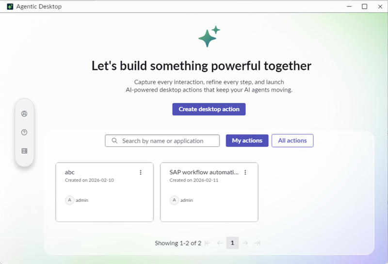 Agentic Desktop home page with Create desktop action UI action, search and filter options, and cards of existing desktop actions.