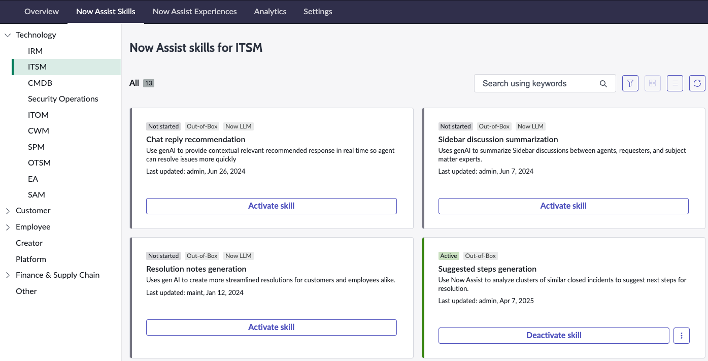 In the Technology workflow, select the workflow area to see all of the available skills. In this example, the skills for Now Assist for IT Service Management (ITSM) are displayed.