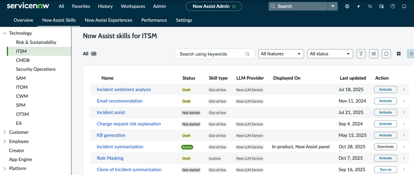 Wählen Sie im Technologie-Workflow den Workflow-Bereich aus, um alle verfügbaren Kompetenzen anzuzeigen. In diesem Beispiel die Kompetenzen für Now Assist für ITSM Werden angezeigt.