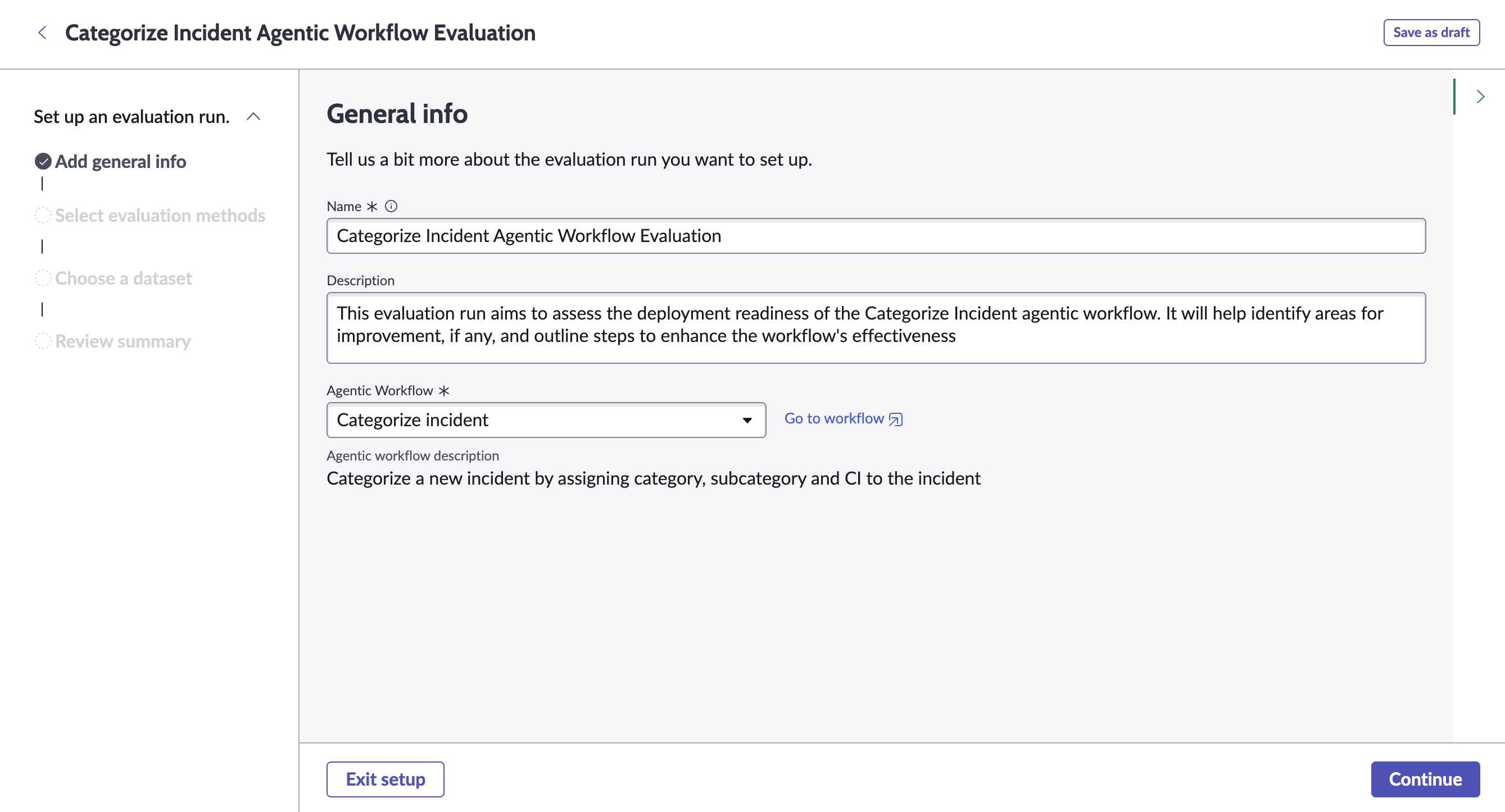 Generate Resolution Plan agentic evaluation guided setup step for adding general info with name, description, and categorize incident as the selected agentic workflow.