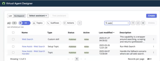 Virtual Agent Designer topics list showing the web search custom skill, setup topic, and prebuilt topic.