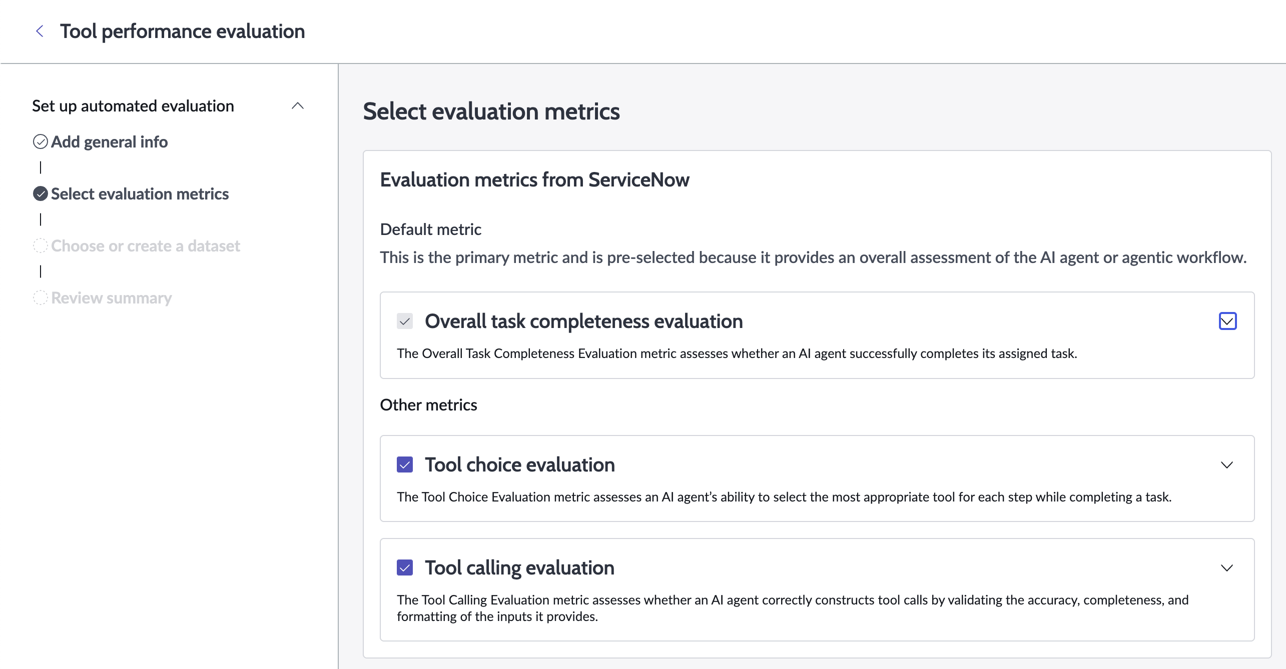 Tool performance evaluation agentic evaluation guided setup step for selecting an evaluation method with four options selected (overall task completeness, plan, tool performance, and tool calling).