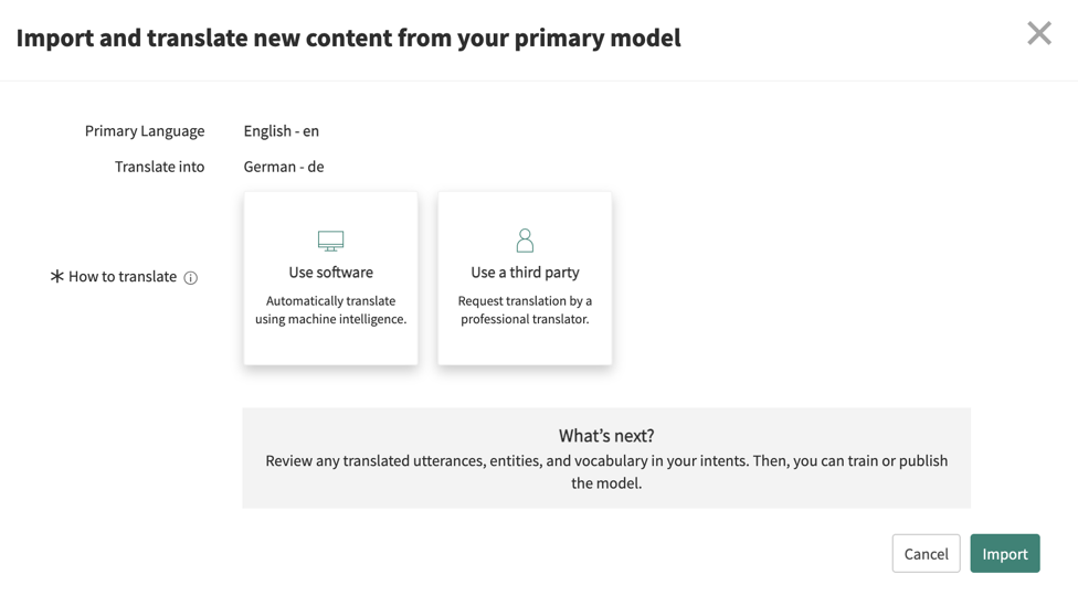 The window for "Import and translate new content from your primary model". Choose how to translate new content.