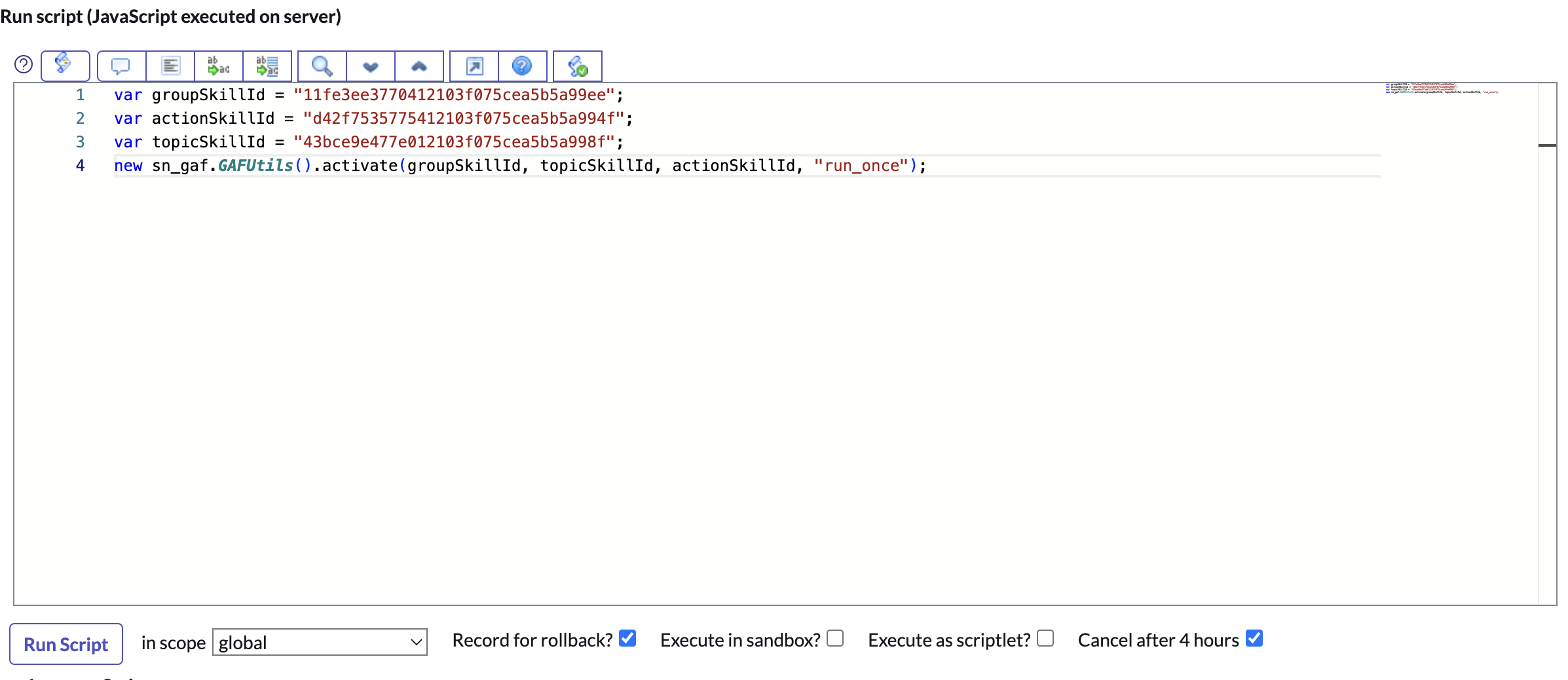 Completed GAF script with all three values populated
