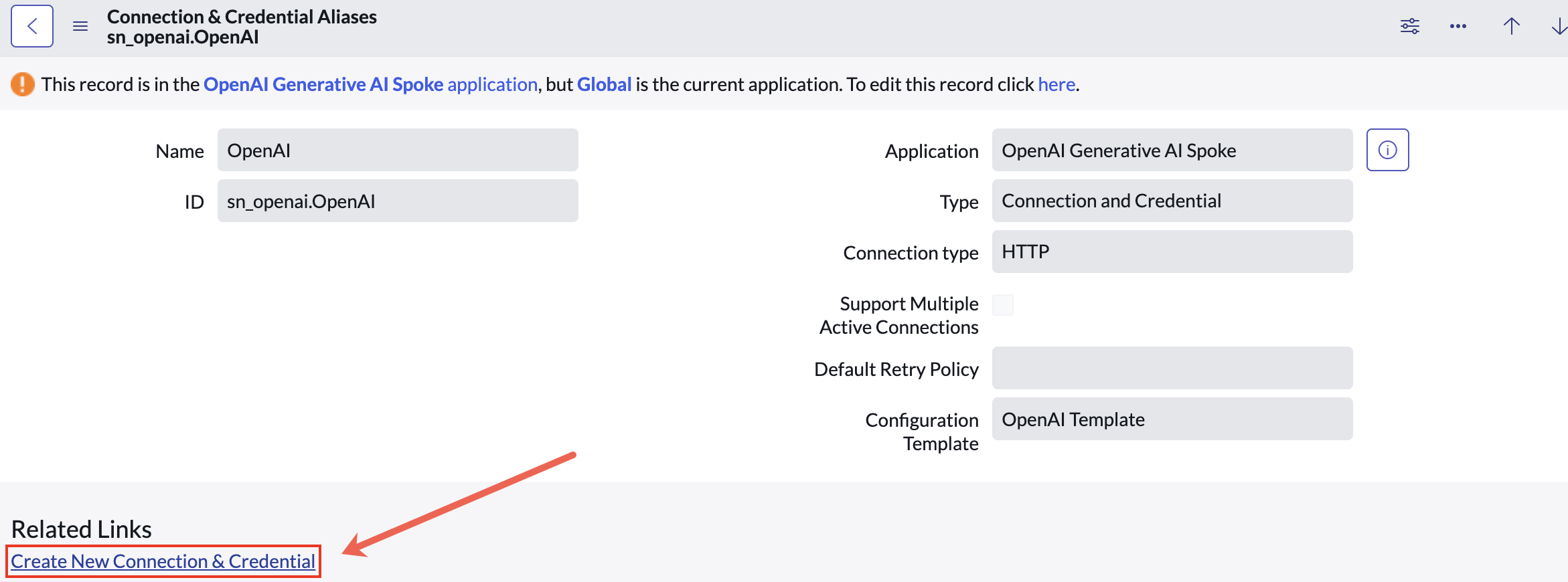 Create New Connection & Credential related link highlighted on the screen.