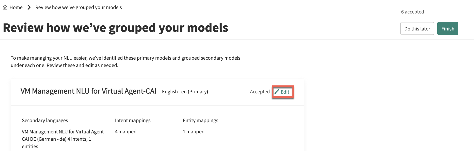 On the page titled Review how we've grouped your models, the Edit button is highlighted.