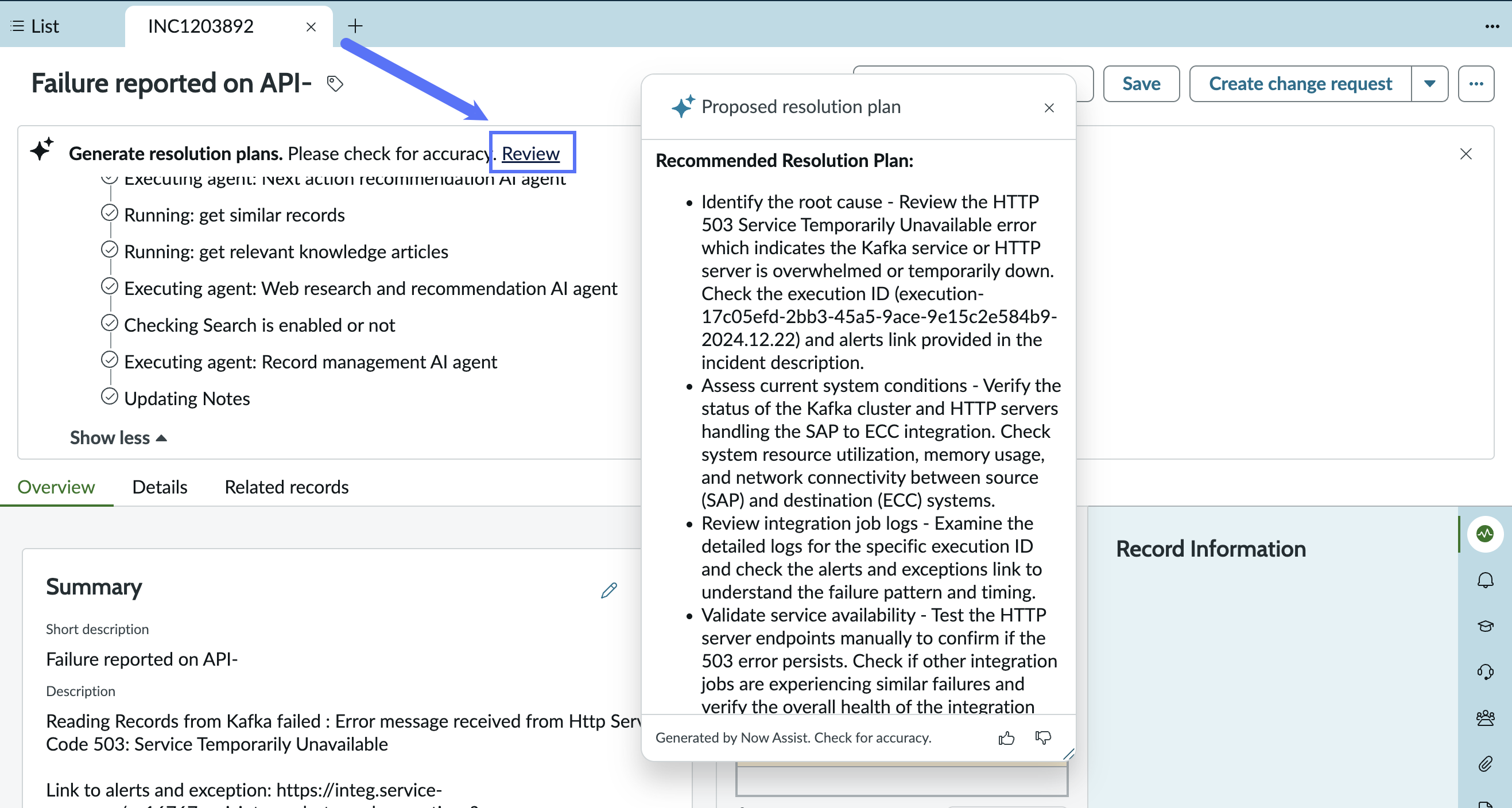 SOW with complete agentic workflow with review button highlighted and modal displayed