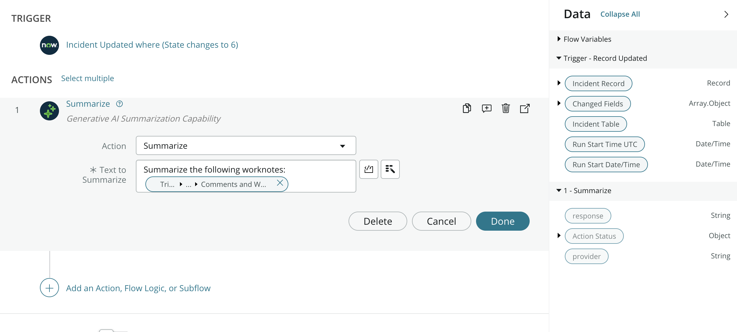 Generative AI Controller Summarize action filled in to summarize comments and work notes.
