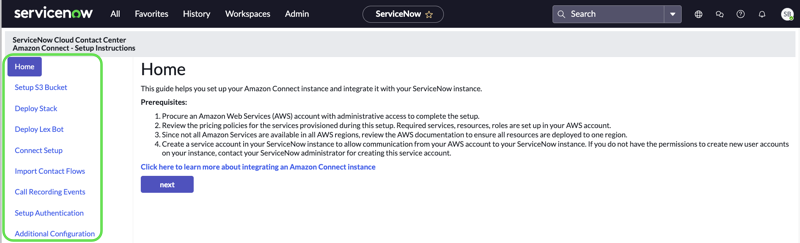 Setup-Homepage der Amazon Connect-Integration in der ServiceNow-Instanz