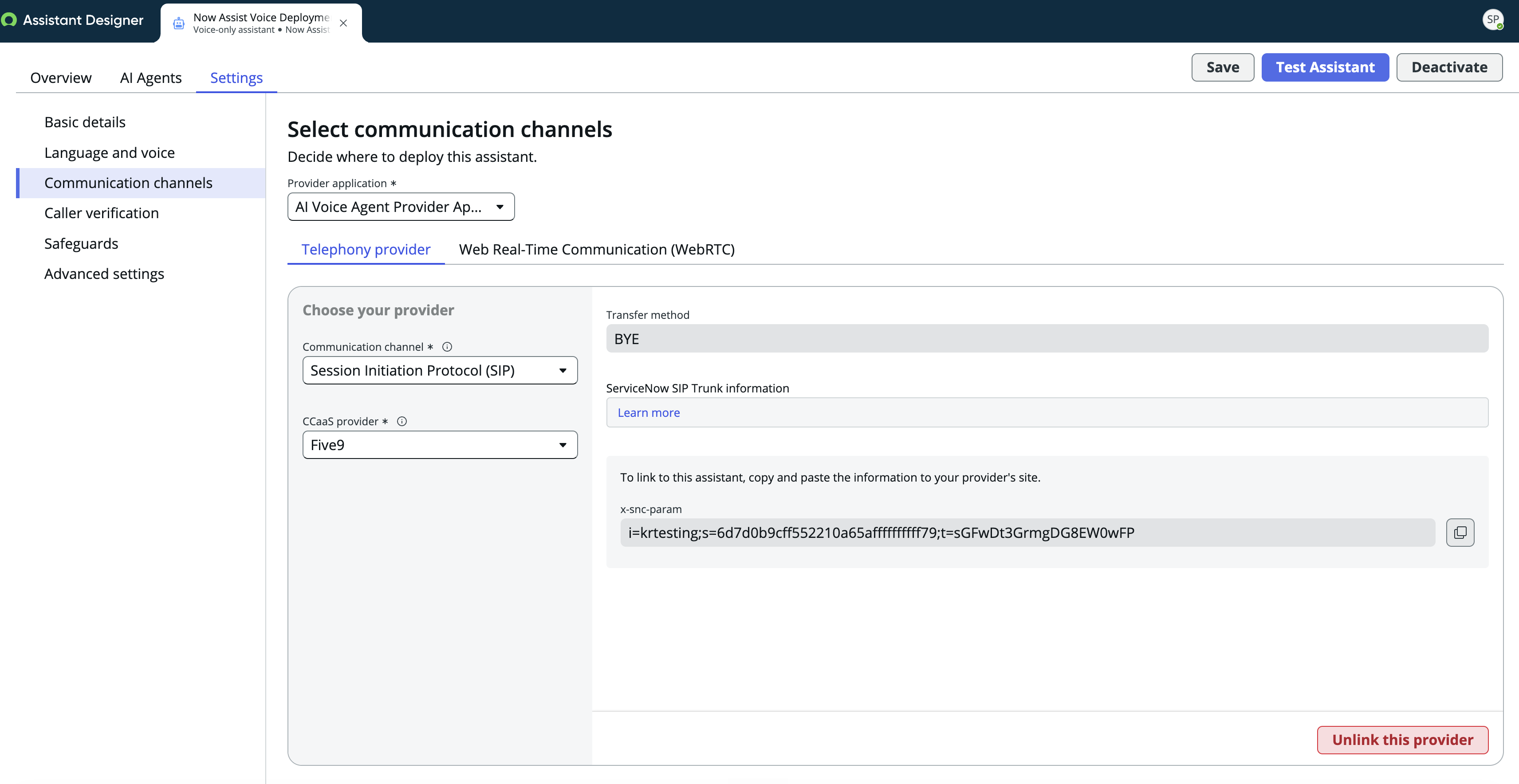Five9 integration configuration showing the Transfer method, ServiceNow SIP Trunk information, and x-snc-param fields.
