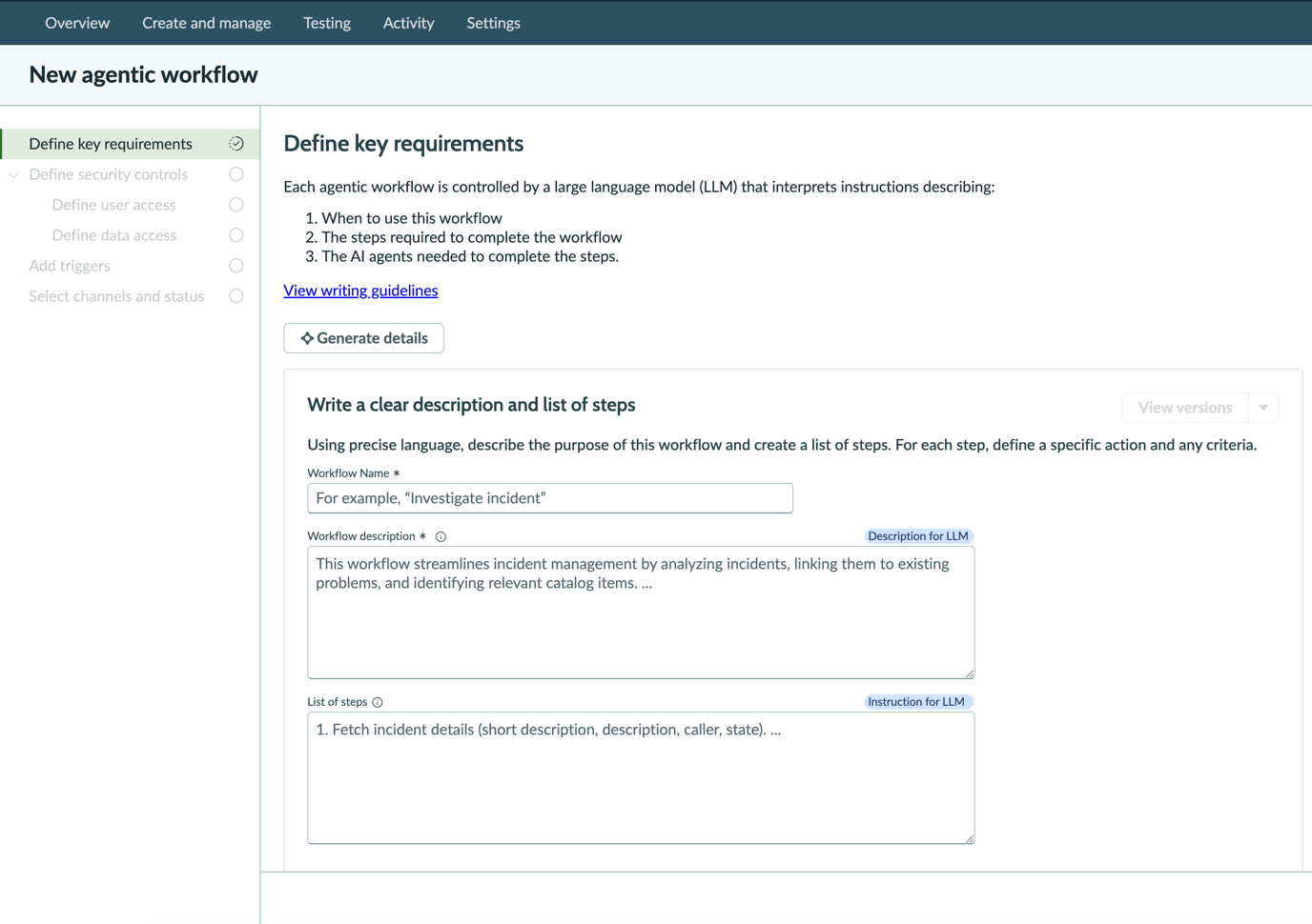 The guided setup for a New agentic workflow