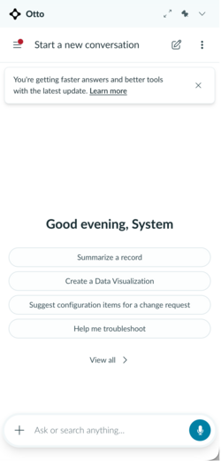 ServiceNow Otto panel in AI Admin Center.