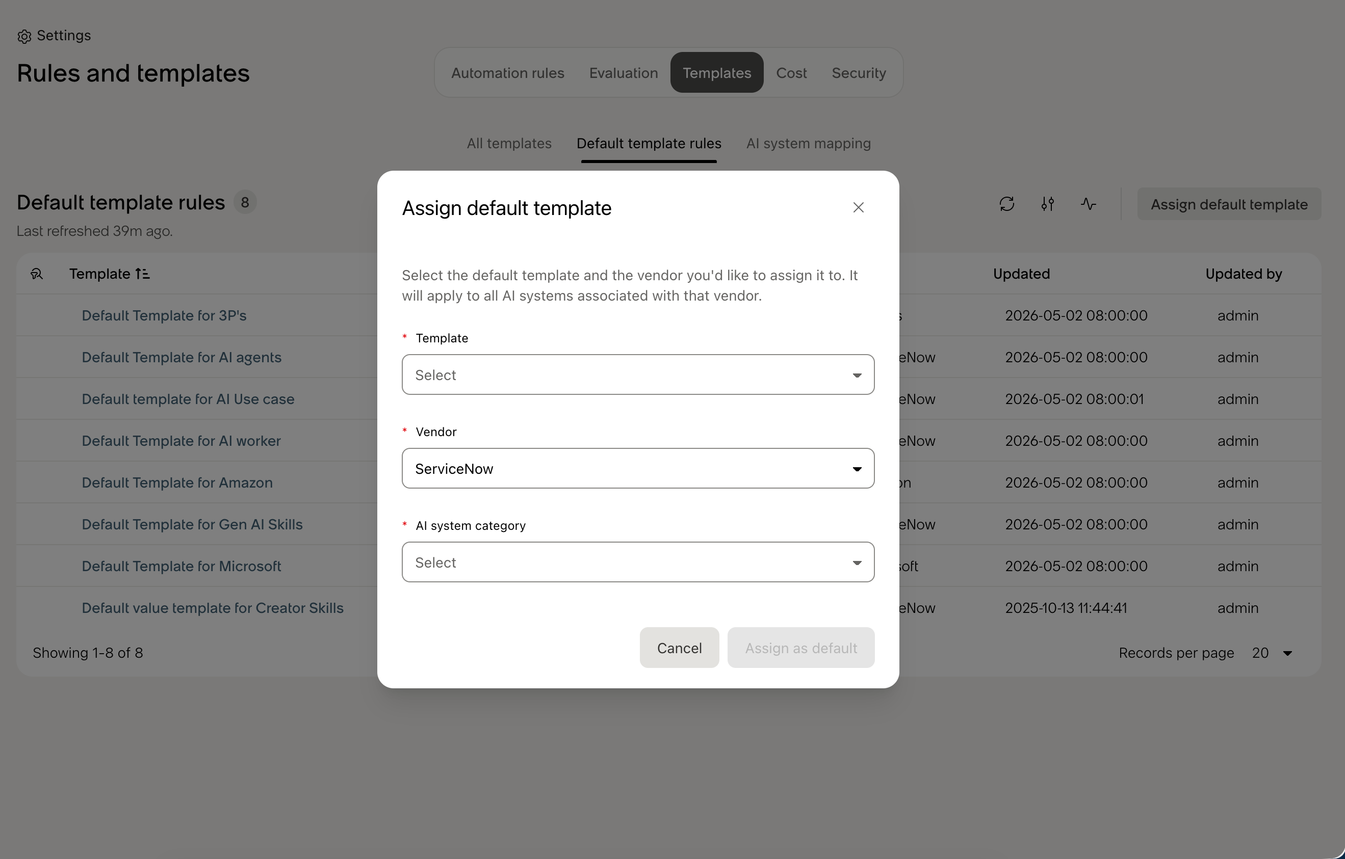 Assign default template form in AI Control Tower
