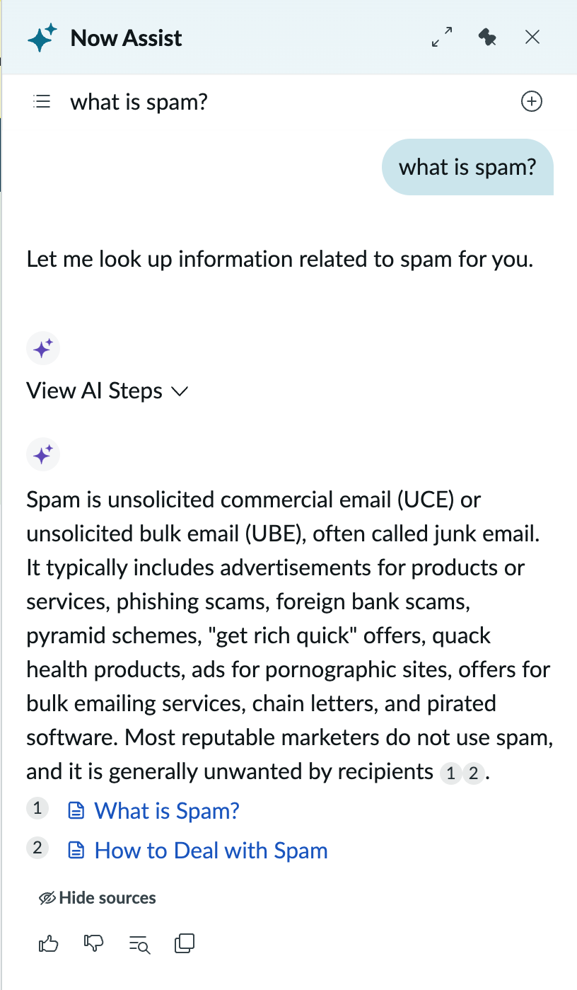 The Now Assist panel displaying an AI-generated answer to the question "What is spam?" with a KB article source reference and next step options.