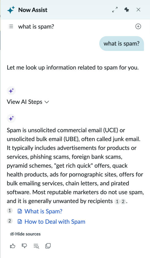 The ServiceNow Otto panel displaying an AI-generated answer to the question "What is spam?" with a KB article source reference and next step options.