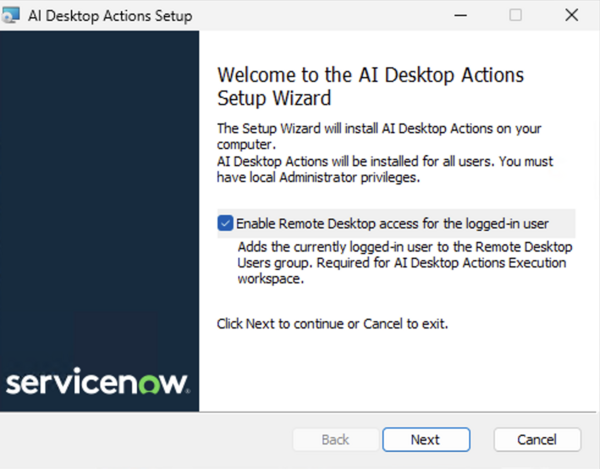 AI Desktop Actions Setup welcome screen.