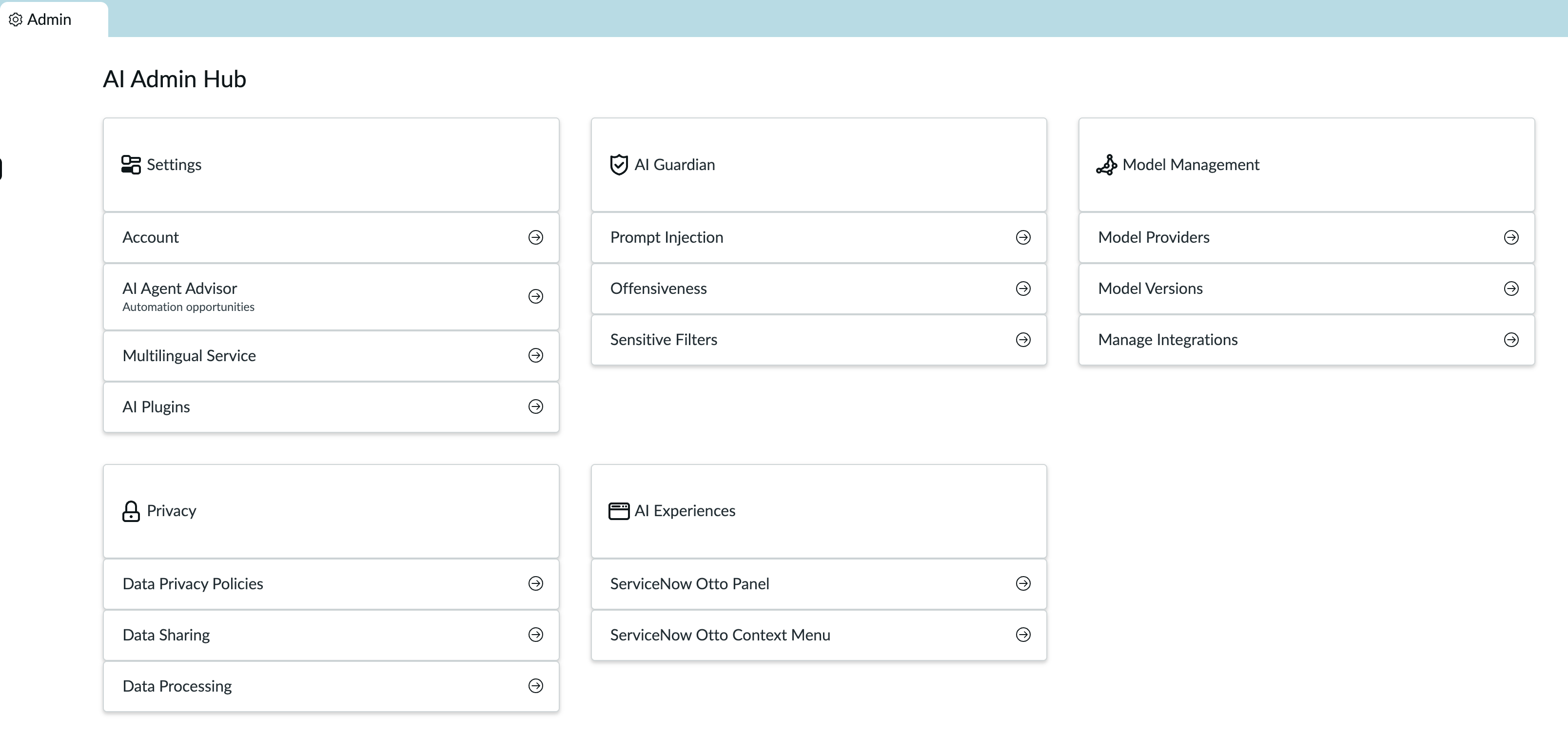 AI Admin Hub page in AI Admin Center.