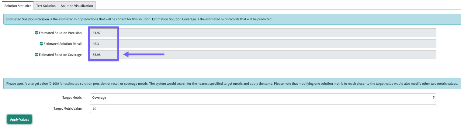 The estimated precision, recall, and coverage values the system assigned to the solution based on your Coverage input value of 70%.