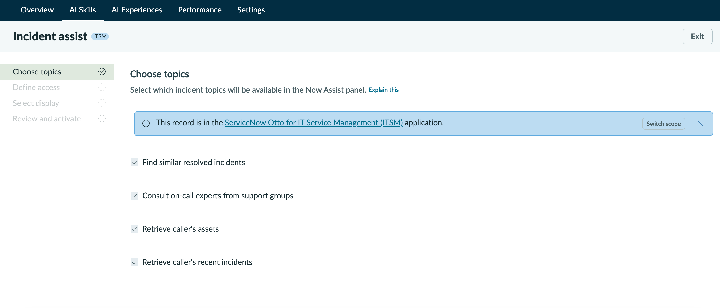 First step of the Now Assist incident summarization skill, which shows the input fields that the summary is based on.