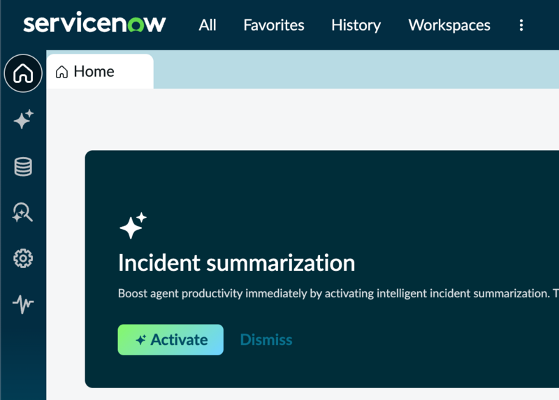 Selection from the side navigation bar in Now Assist Center.