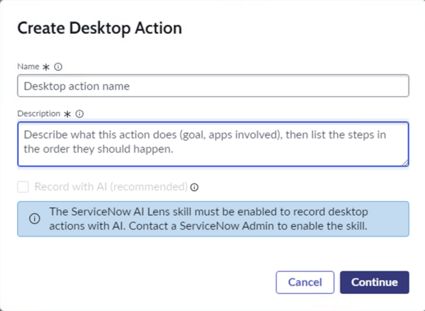 Create desktop action modal with Record with AI option inactive and a fields to enter name and description for the desktop action.
