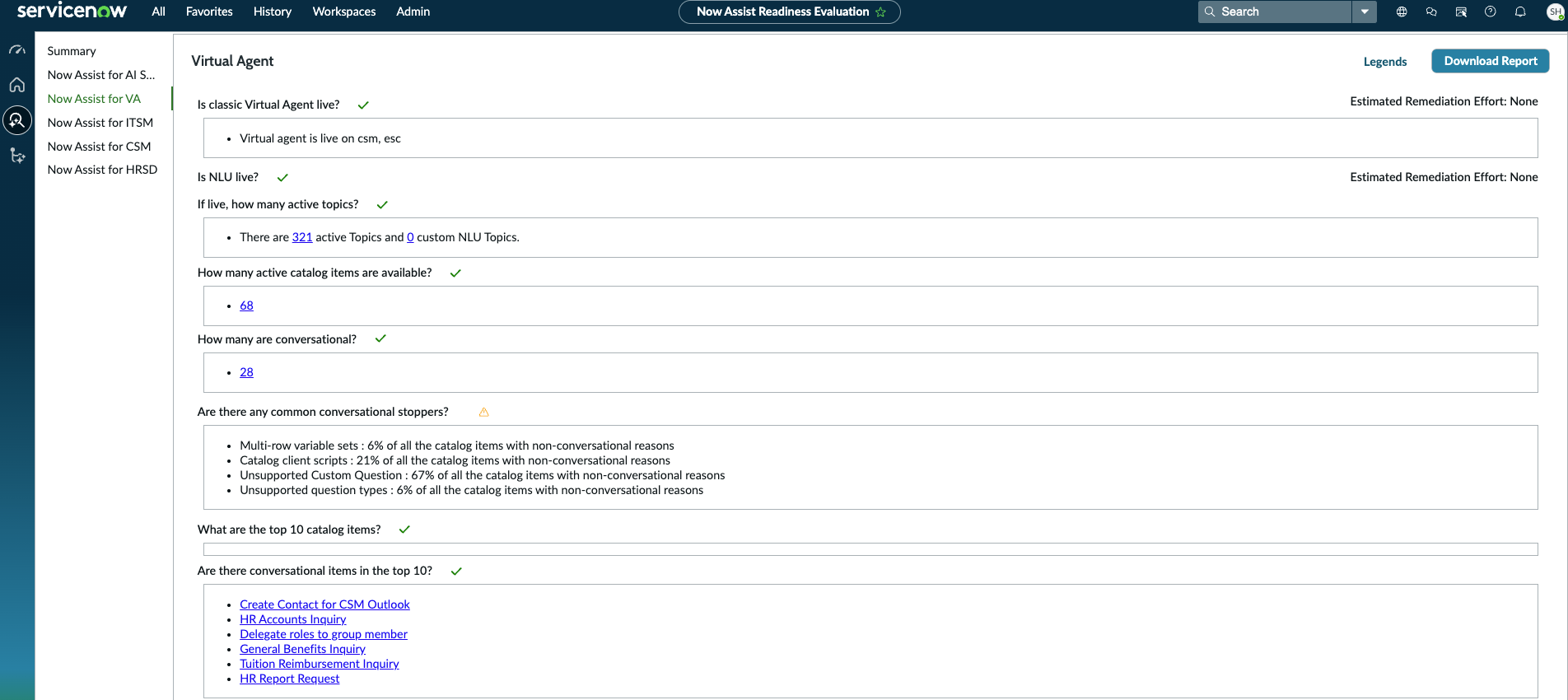 Now Assist in Virtual Agent assessment is shown, along with relevant Virtual Agent questions and answers.