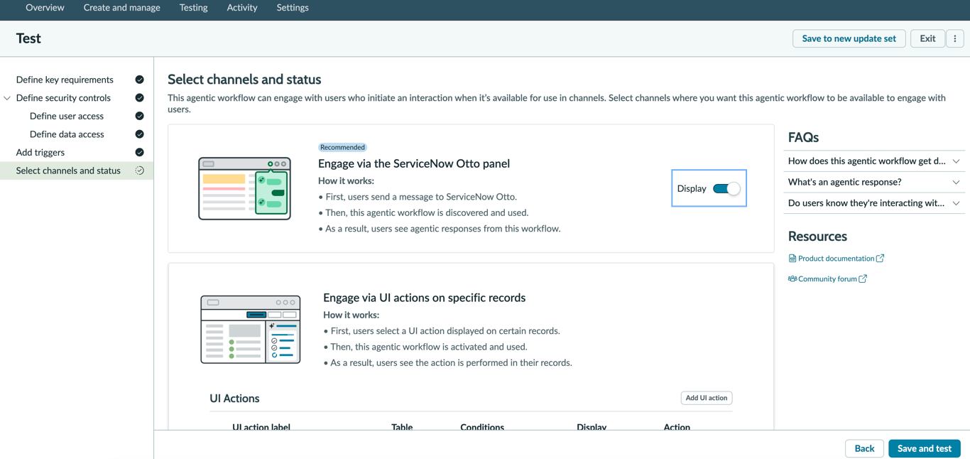 Select a UI display, the final step in the guided setup. The toggle switch is set to Display so that this workflow is available in the ServiceNow Otto panel.