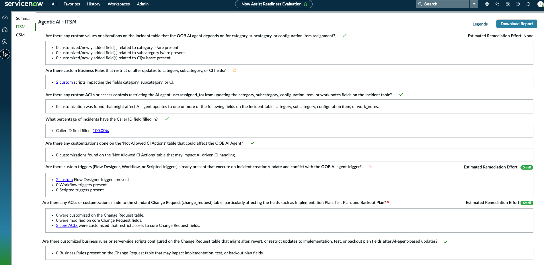 Agentic AI - ITSM assessment that is shown and includes the relevant questions and records.