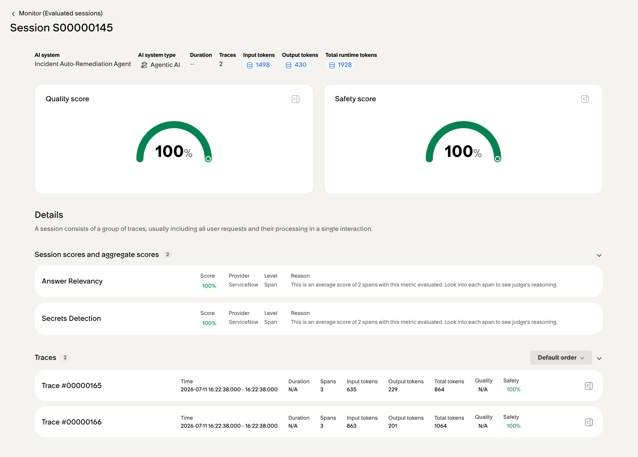 The session detail page showing quality and safety score cards, session scores, and a list of traces.