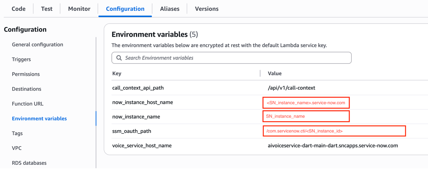 The Lambda environment variables panel showing call_context_api_path, now_instance_host_name, now_instance_name, ssm_oauth_path, and voice_service_host_name populated with example values.