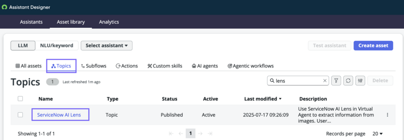 ServiceNow AI Lens topic in Virtual Agent Designer.